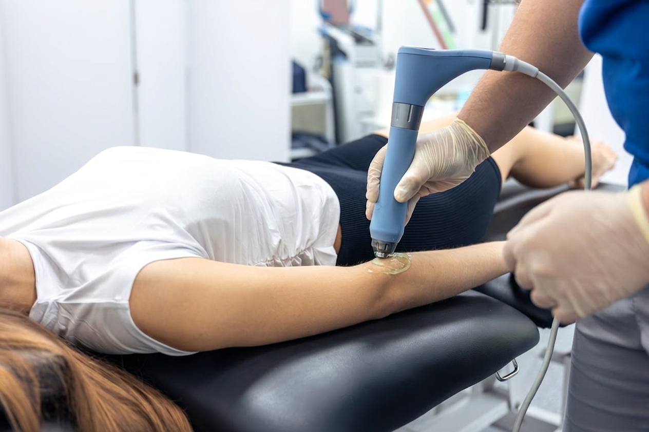 A woman receives shockwave therapy for a sports injury at Equilibrium.